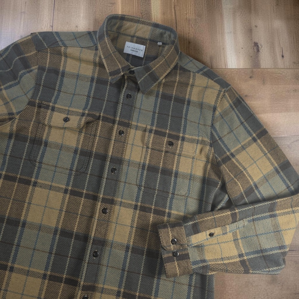 7Diamonds Generation Plaid Button Down Shirt XL Brown Olive GSMK-7900 Thick